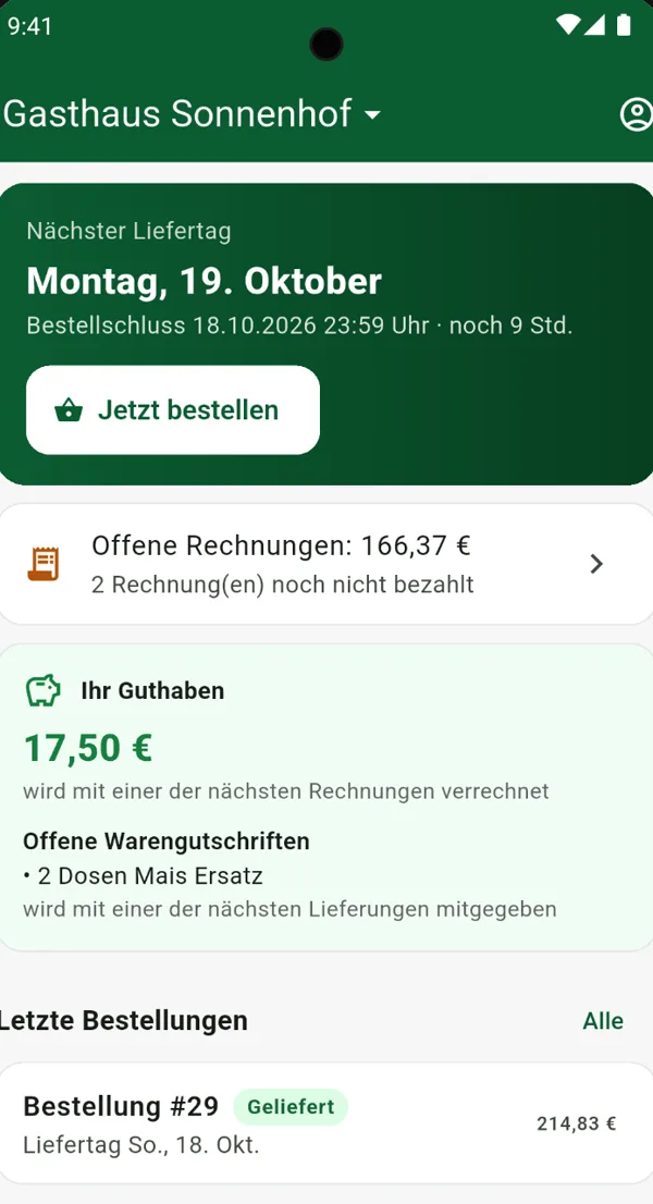 Kunden-App Safir B2B: nächster Liefertag mit Bestellschluss, offene Rechnungen und Guthaben