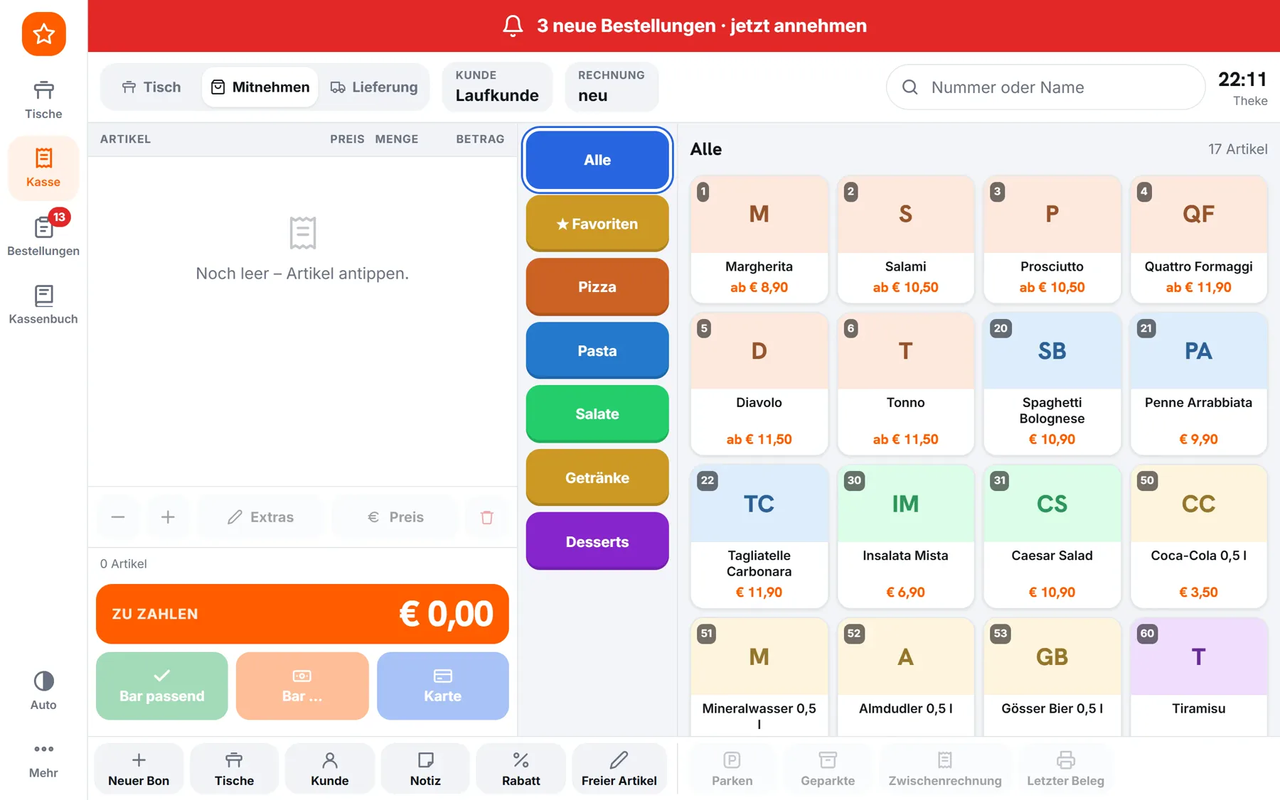 Sternfood-Kasse mit Artikelraster und Bestellalarm