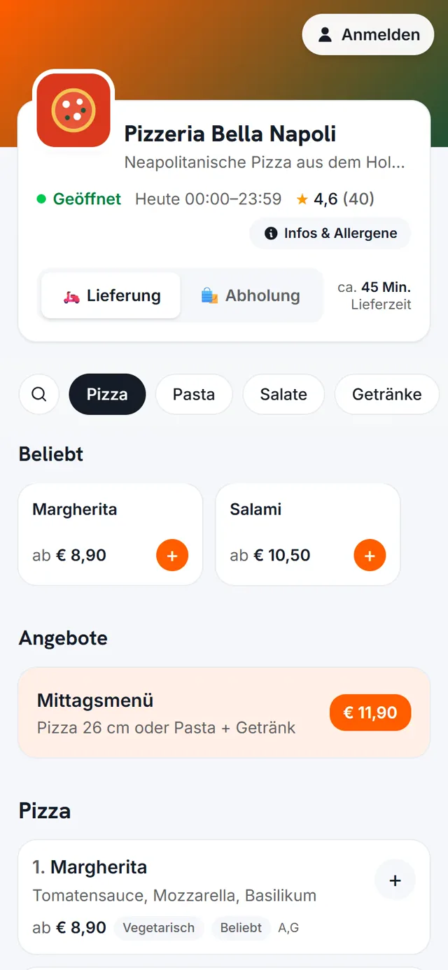Webshop der Pizzeria Bella Napoli am Handy mit Lieferung, Abholung und Speisekarte
